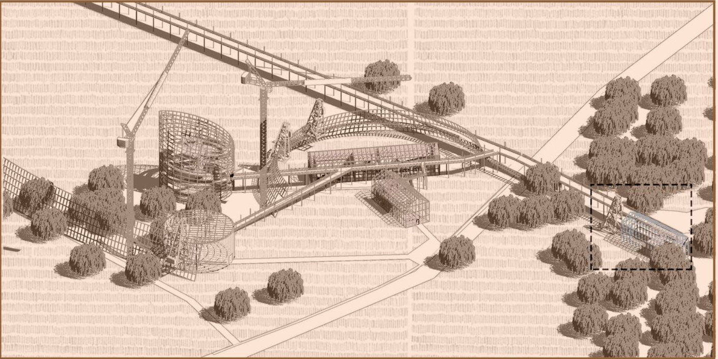 An expansive master plan depicting the pedestrian pathways, green spaces, and restored wetlands surrounding the complex.