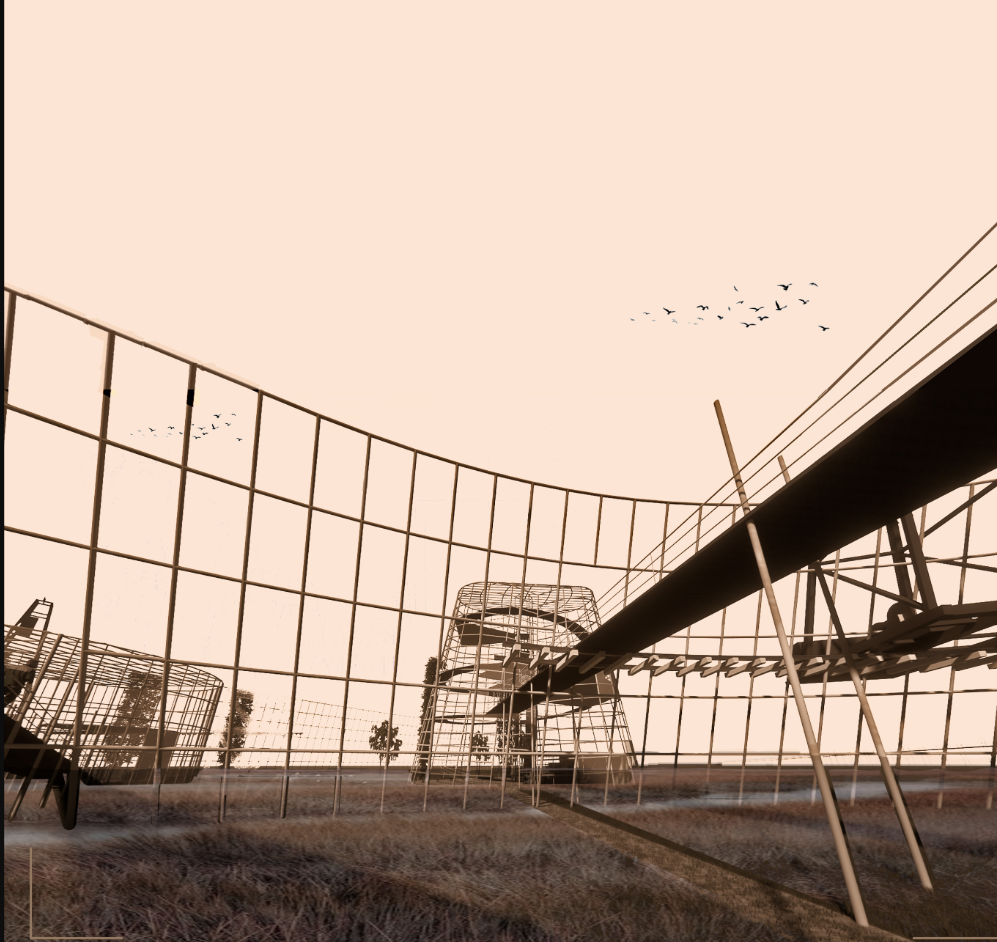 View from within the skeletal framework and elevated pathways, emphasizing openness and the journey through history and nature.