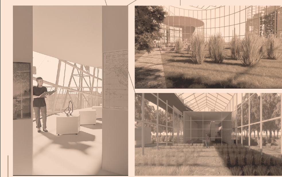 Interior snapshots of exhibition halls, green courtyards, and public spaces designed for education, reflection, and community gathering.