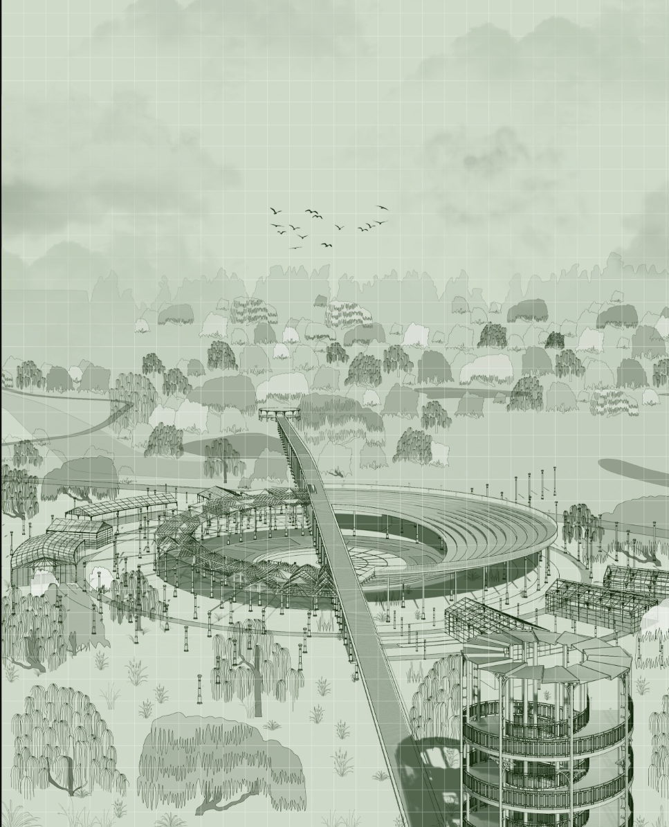 The central greenhouse and elevated walkway form a radial composition inspired by nature’s symmetry and rebellion.