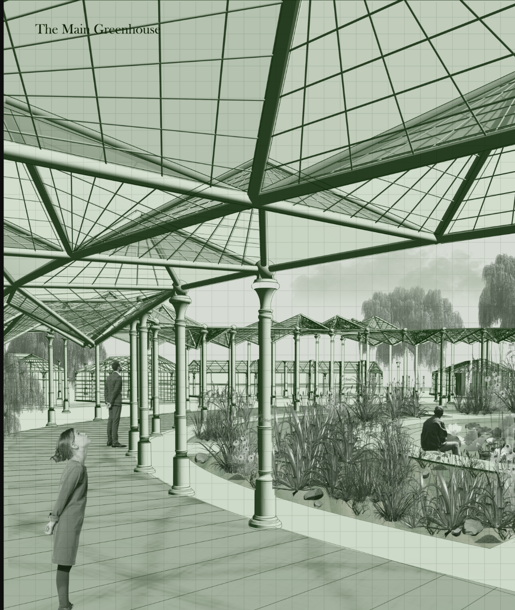 A layered space blending Victorian ironwork with thriving wetland flora for immersive ecological engagement.