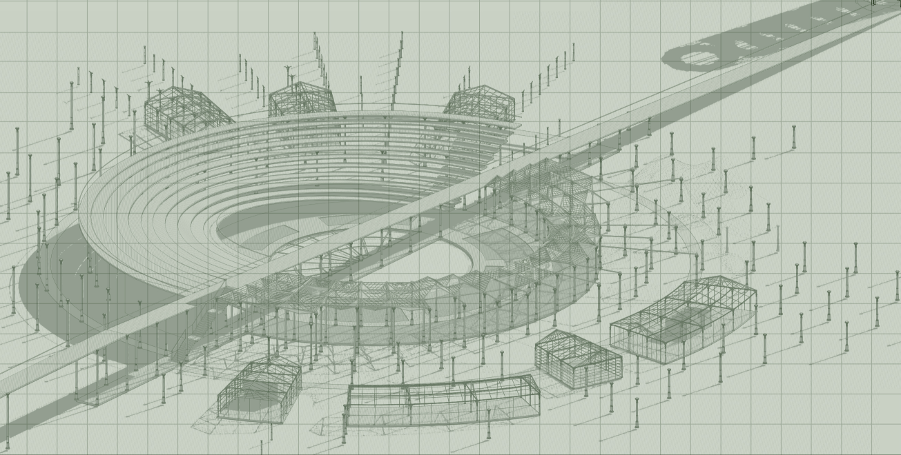 Circular layout with surrounding microambients visualizes the integrated architectural and botanical systems.