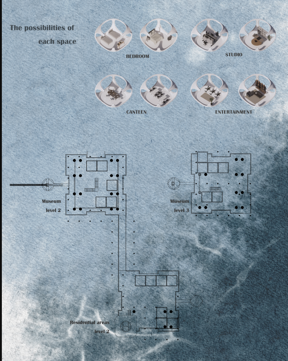 Visualization of modular interior possibilities, illustrating how spaces can adapt for bedrooms, studios, canteens, and entertainment.
