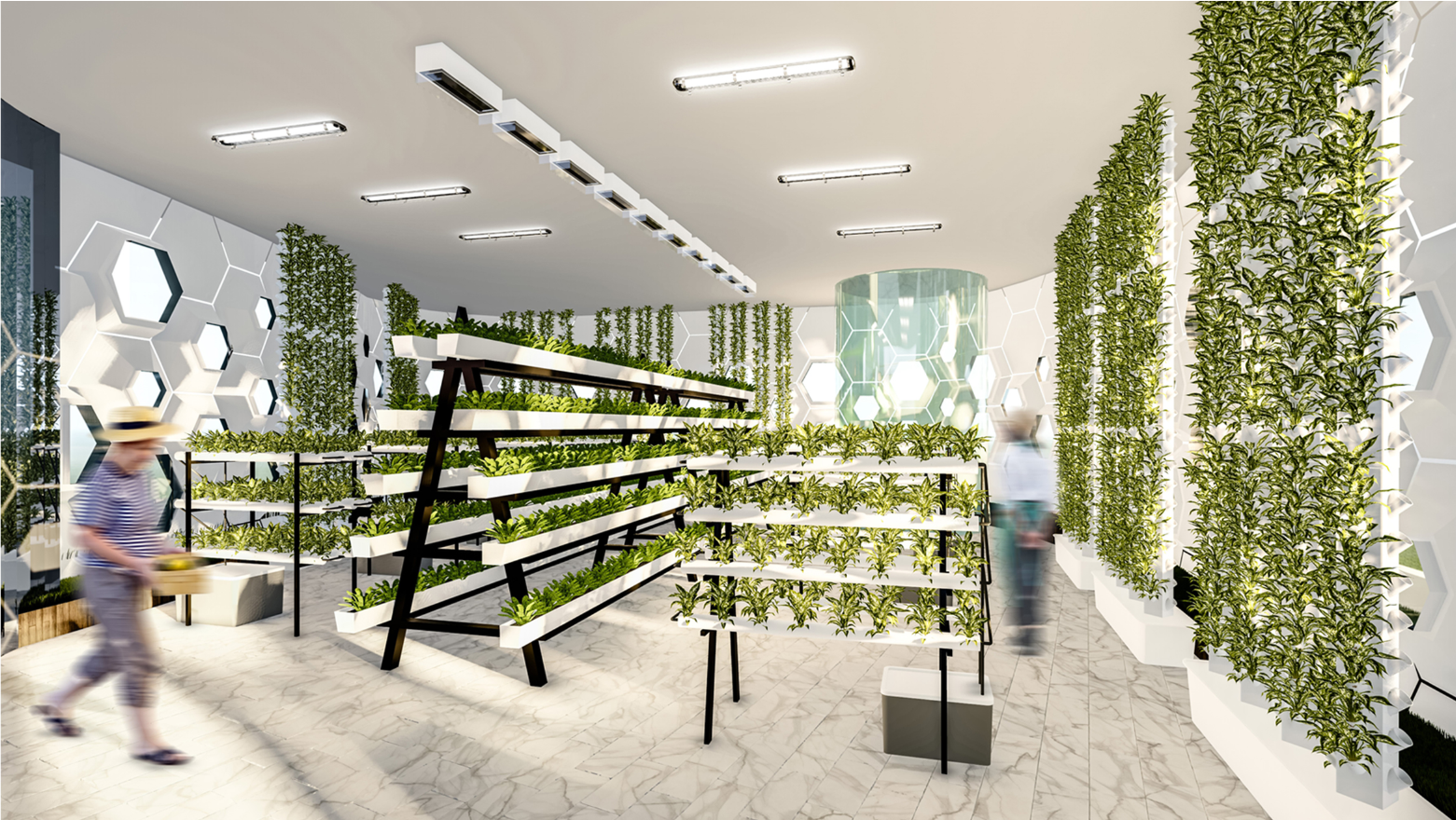 Indoor farming zone featuring vertical hydroponic systems and ambient lighting, demonstrating the use of smart agricultural technologies.