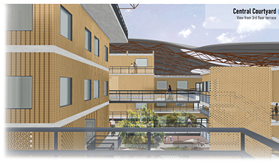 Overlooking the courtyard from the 3rd floor, showcasing community greenery, shaded walkways, and interconnected units.