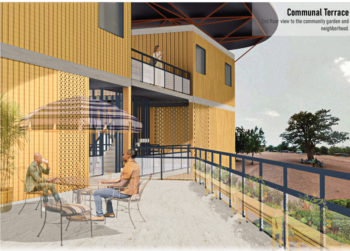 Shaded communal terrace with direct views of the garden, encouraging outdoor interaction and relaxation.