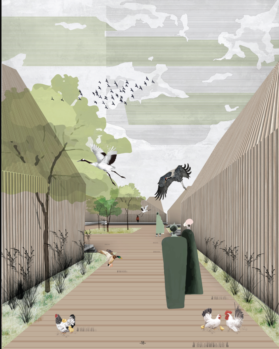 Rendered view along a timber boardwalk flanked by vertical wood screening with chickens and native vegetation