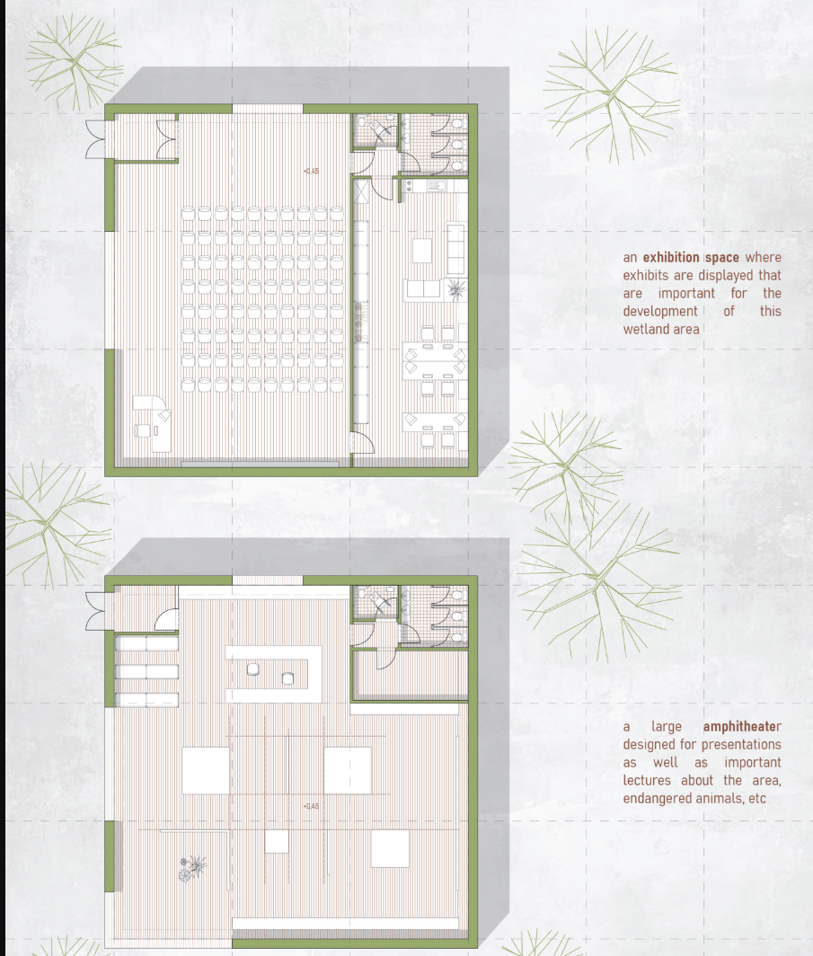 Floor plan drawing showing exhibition hall with seating and amphitheater space surrounded by native plantings