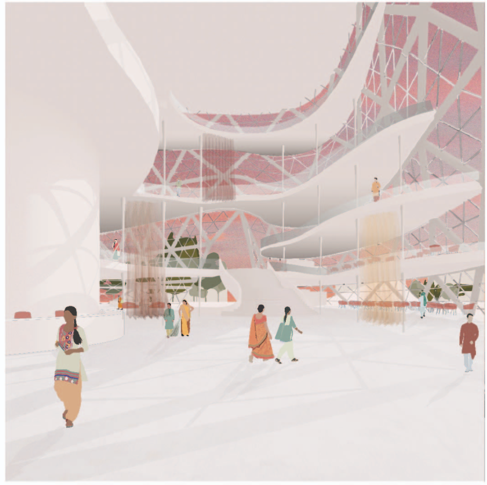 A vibrant bazaar space fosters community interaction beneath a fluid mesh canopy inspired by traditional Indian architecture.