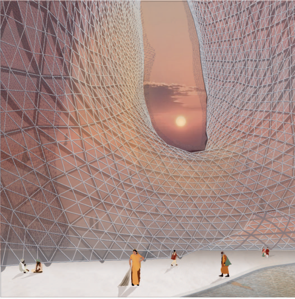 The sculpted in-between space creates a visual connection to the sky while symbolizing coexistence through contrast.