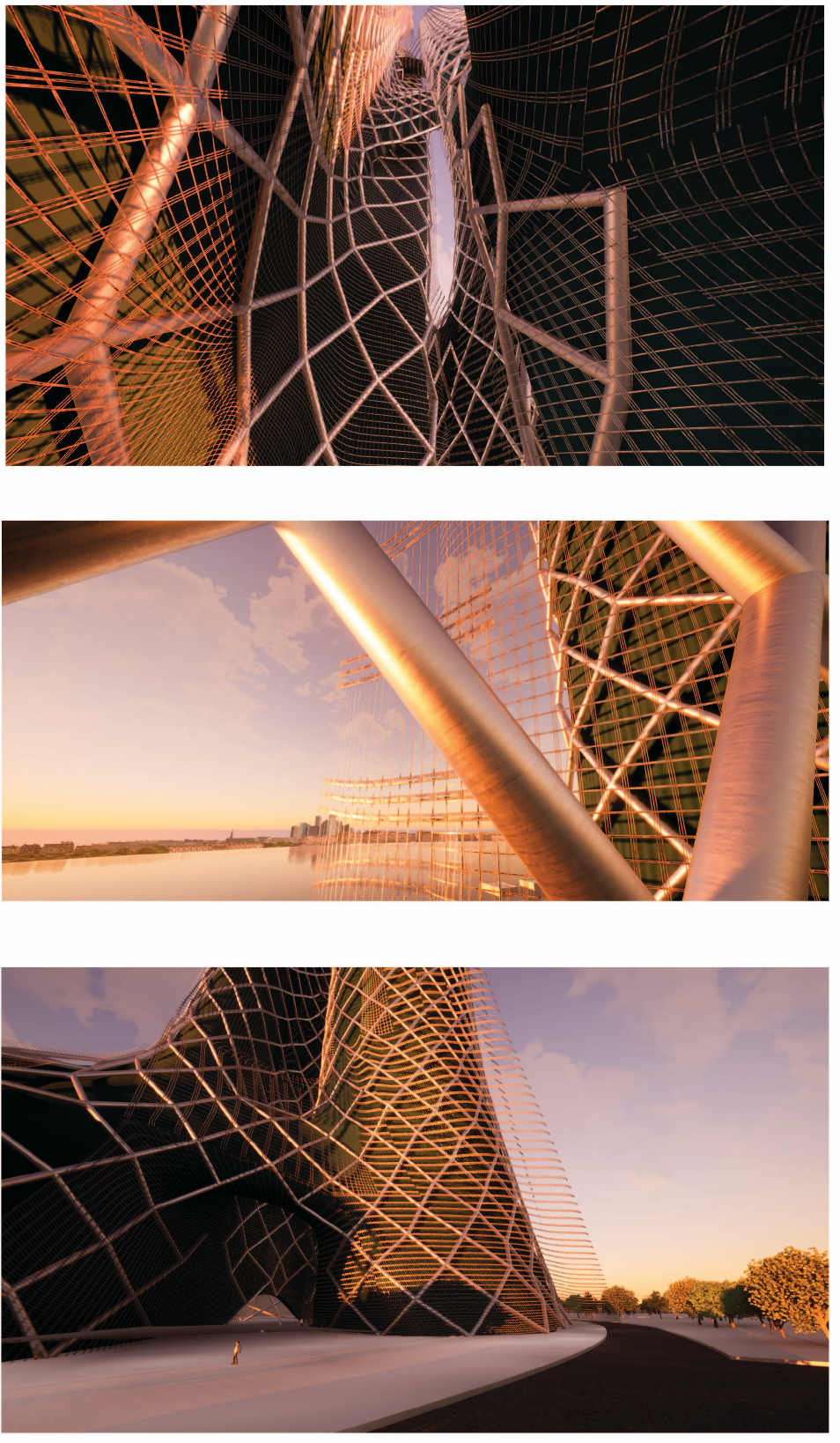 The diagrid mesh façade provides transparency, structural performance, and passive climate control for the twin towers.