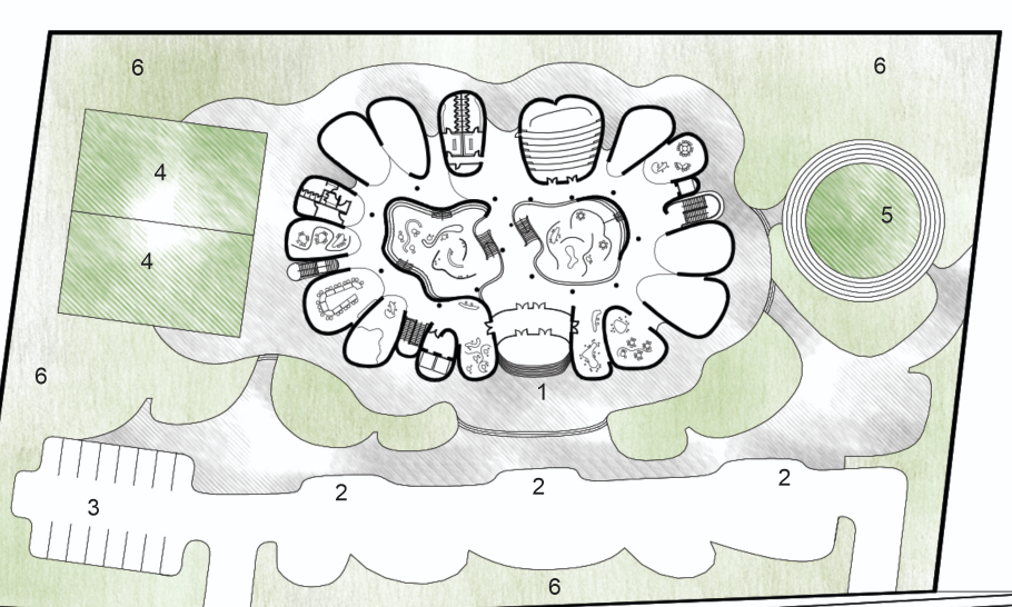 A radial site layout promoting fluid circulation and central connectivity across learning zones.
