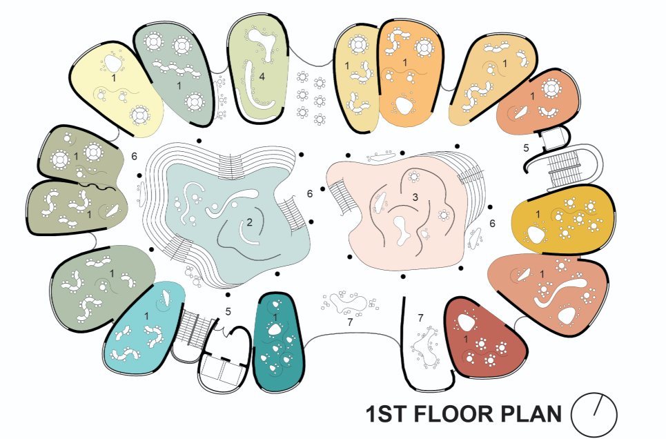 Color-coded, flexible learning pods reflecting seasonal changes and cognitive duality.