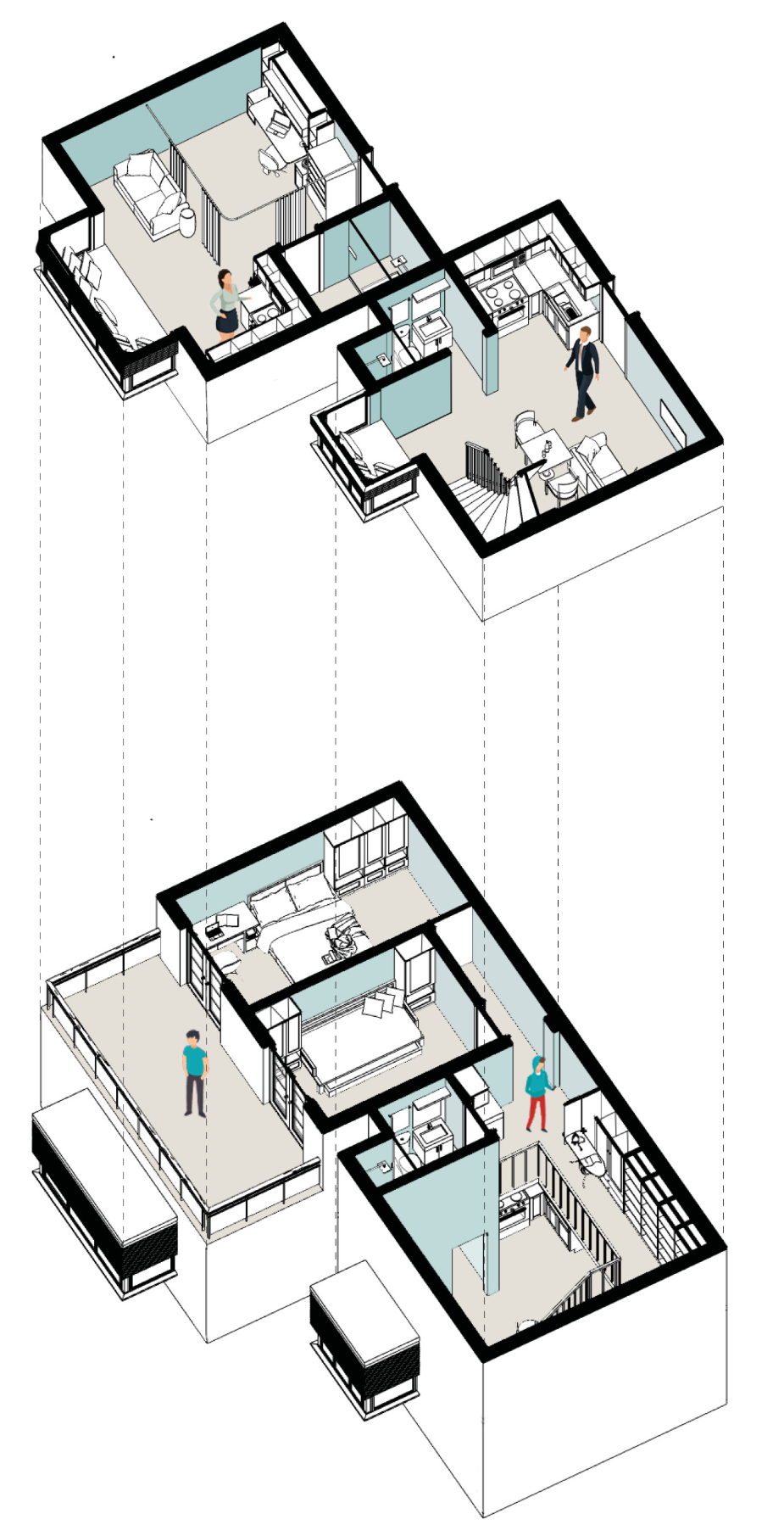 Open communal space promoting interaction and natural daylight within modular housing blocks.