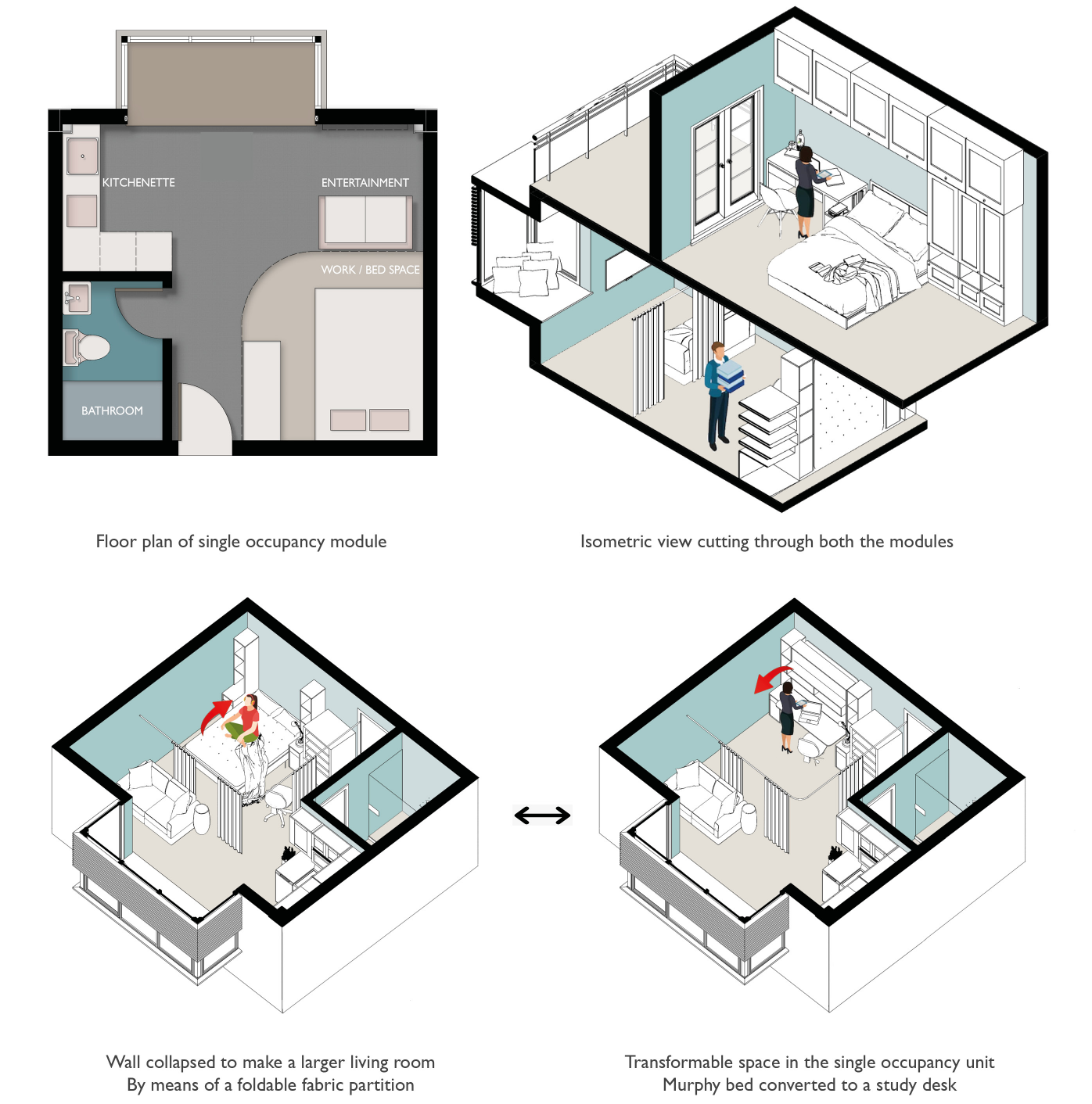 Efficient bedroom design with integrated modular furniture for adaptable living.