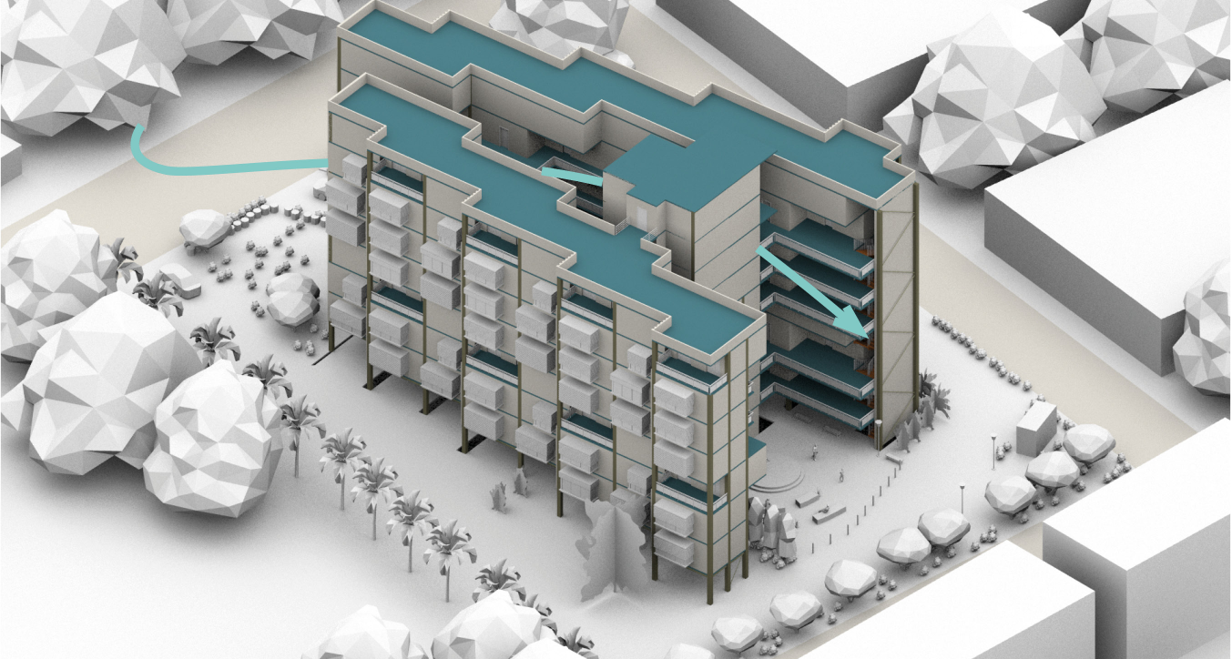 Linear perspective showing integration of open spaces, walkways, and residential units.
