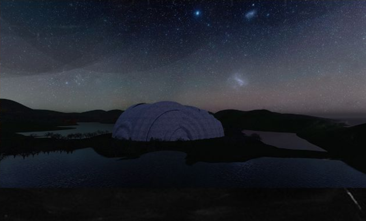 The dome structure under the stars, illustrating energy independence and environmental integration.
