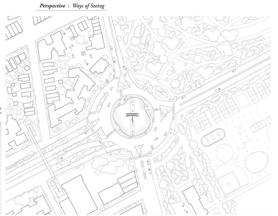 A detailed plan situating Perspective within a roundabout, connecting parks, roads, and urban fabric.