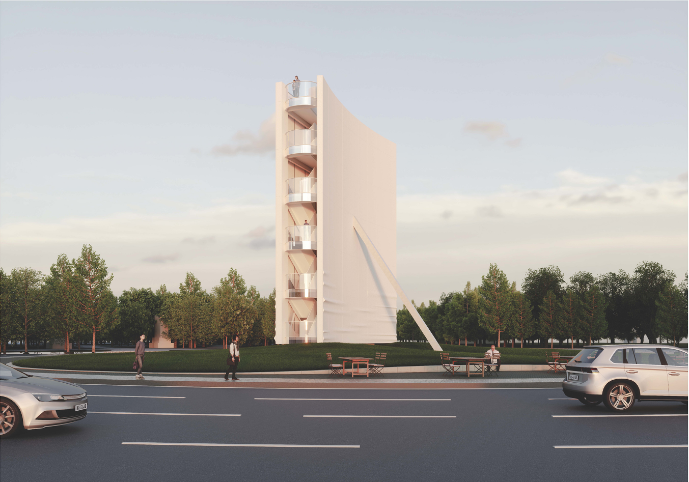 Street-level view showcasing the full vertical form and public interface of the architectural sculpture.