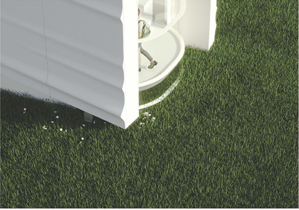 Detail of the curved balcony system and its interaction with the surrounding landscape.