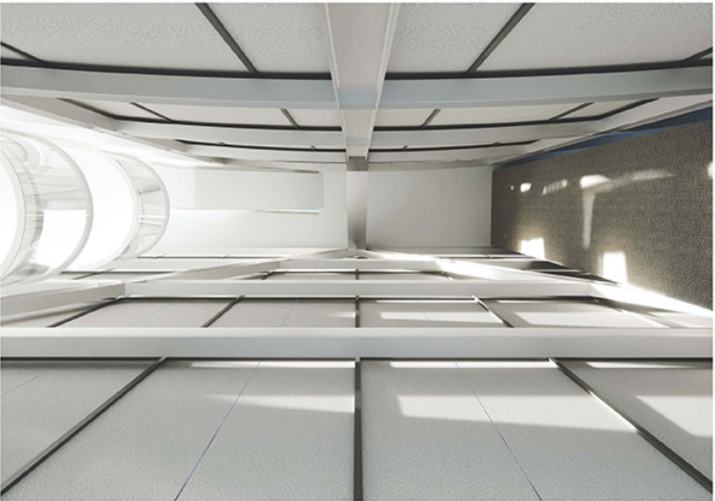 View from the base, looking upward through the layered interior revealing light, materiality, and geometry.