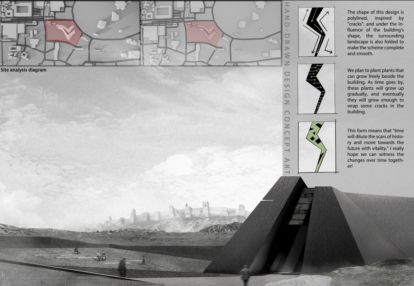 Cracks become green seams—designing with time to transform scars into symbols of regeneration.