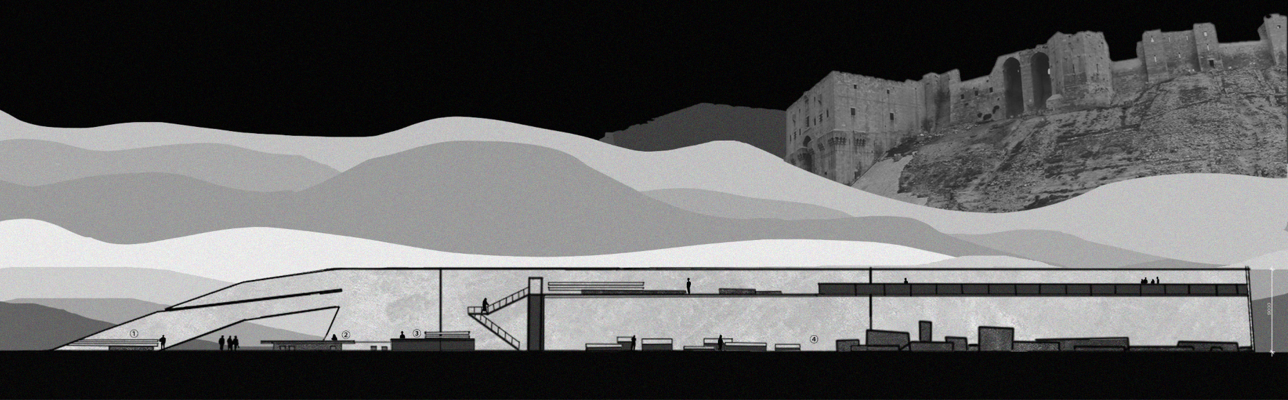 Longitudinal section revealing spatial depth and programmatic layering beneath Aleppo’s historic silhouette.