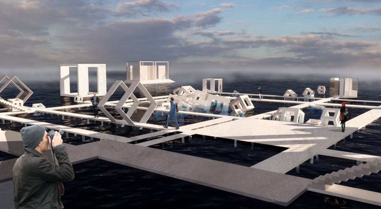 Floating experience corridors offering tactile encounters between humans and the vastness of the sea.