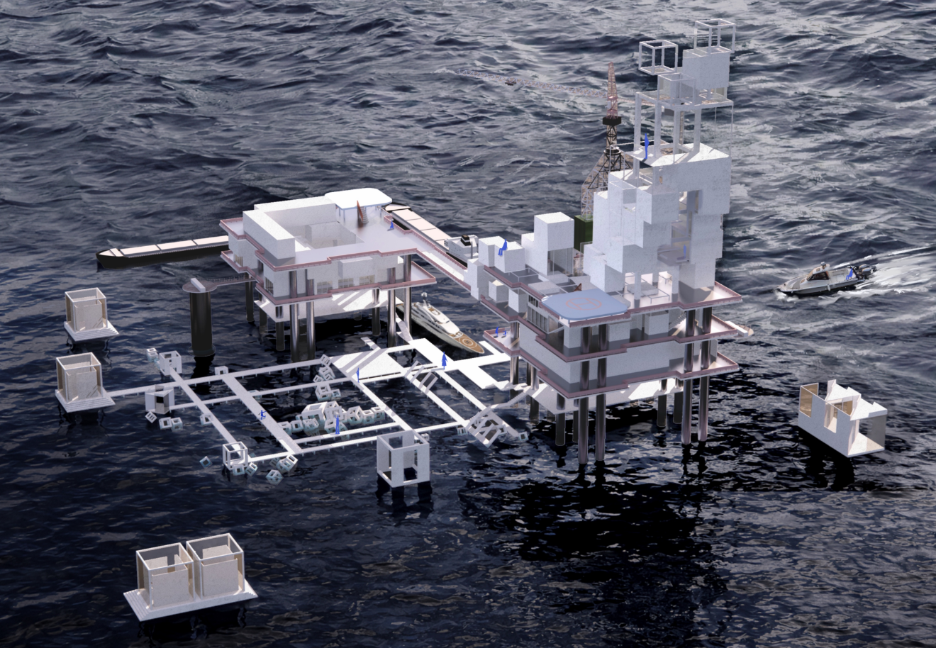 Aerial perspective showcasing the complete transformation of the oil rig into a vibrant architectural ecosystem.