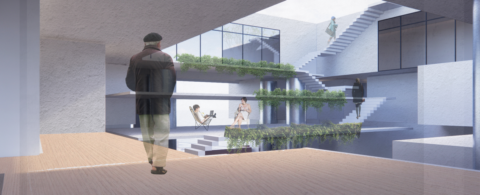 Green residential courtyards fostering community, relaxation, and new life in the heart of the adaptive reuse project.