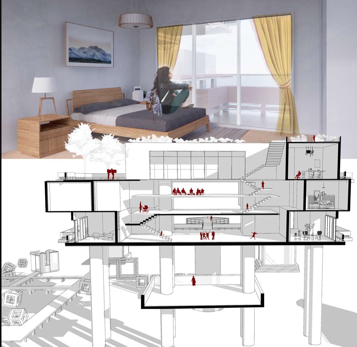 Comfortable living spaces paired with a sectional cut revealing the fluid connectivity between public and private realms.