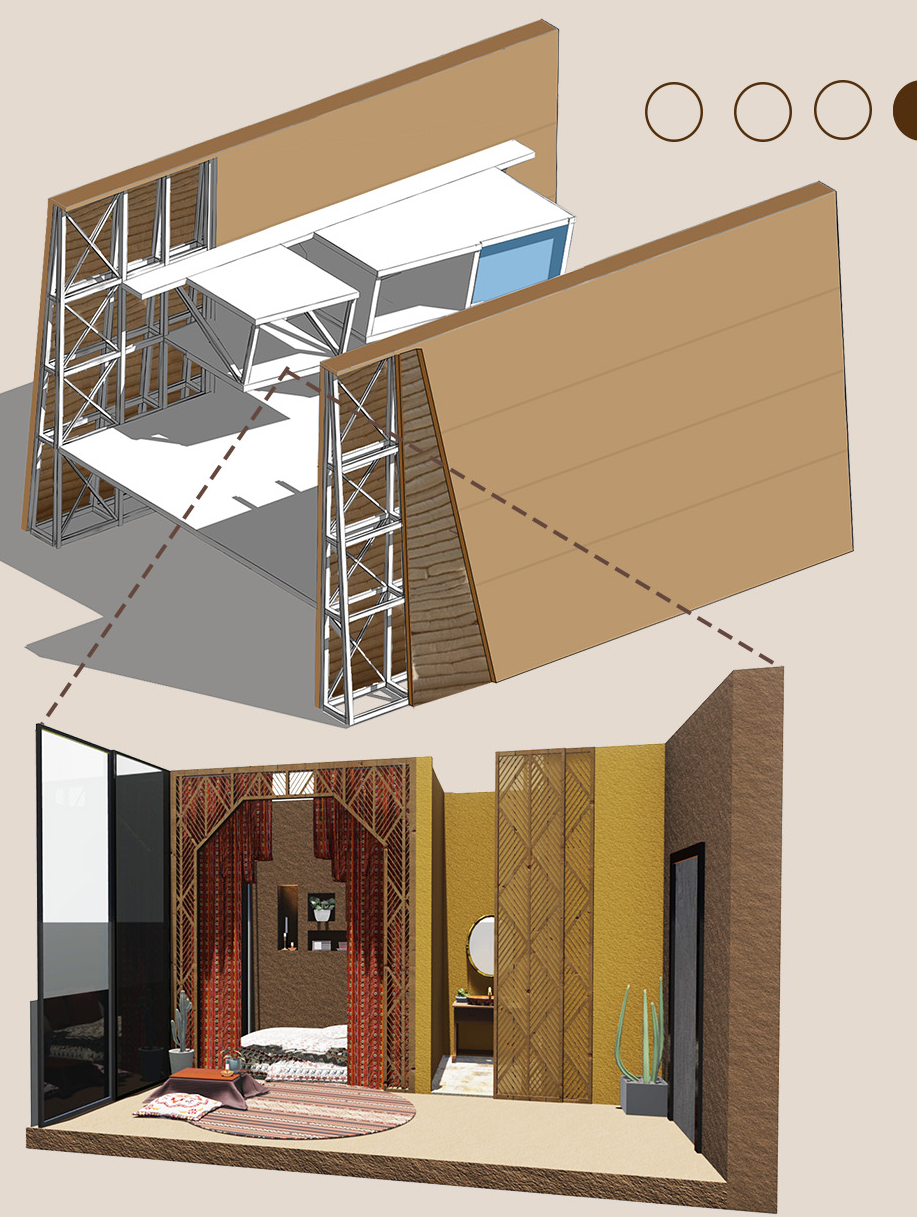 Traditional Libyan motifs meet modern prefab framing in this modular desert retreat unit.