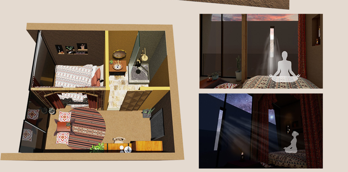 Interior plan with meditation-focused skylight designed for spiritual calm from dawn to dusk.