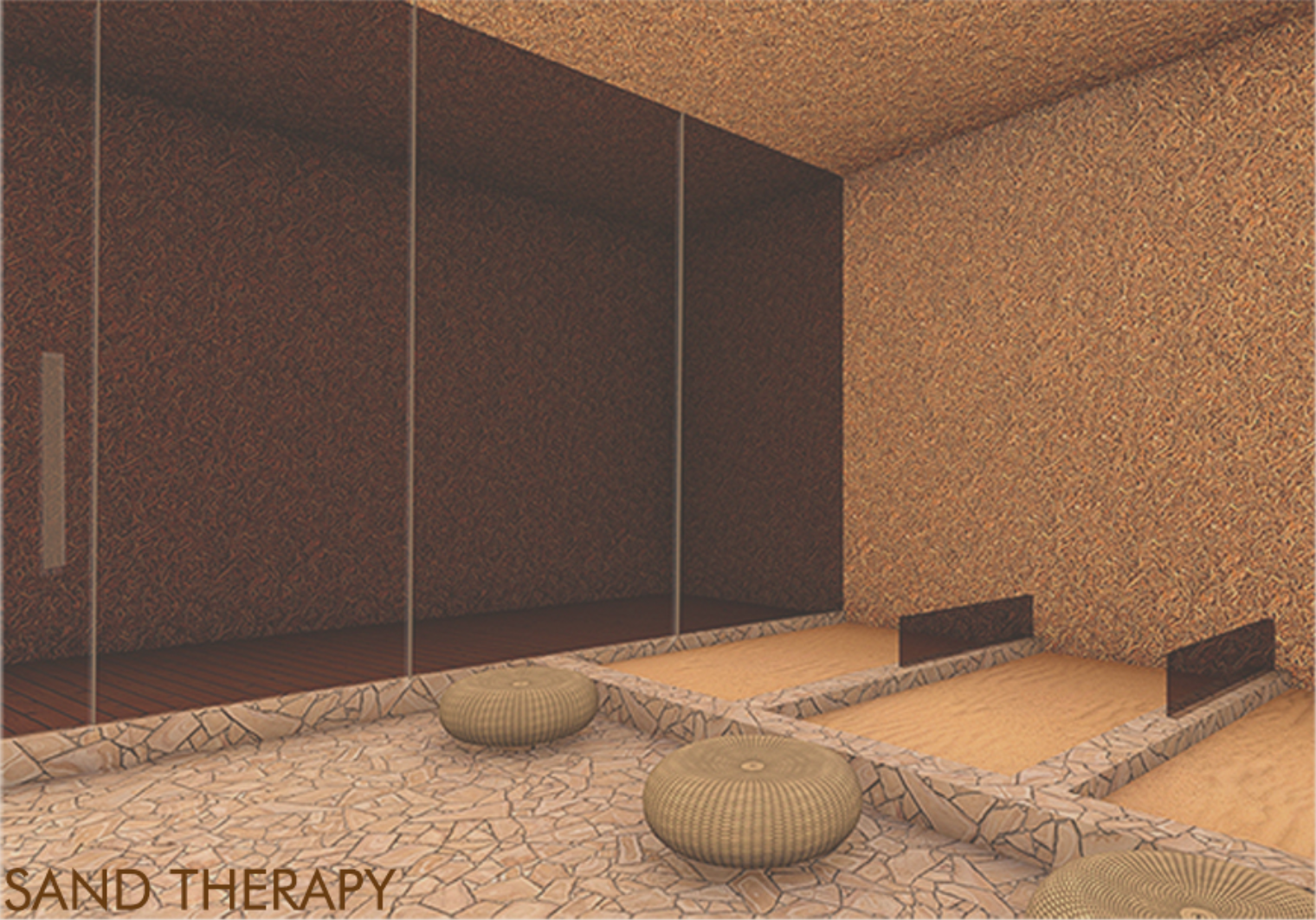 A tactile wellness space designed with desert sand and textured natural materials.