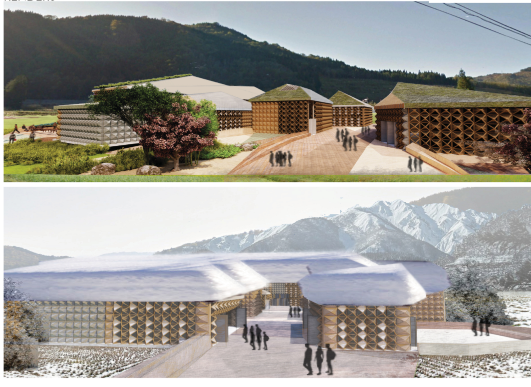 Seasonal views of the timber-grid facade welcoming visitors year-round through a central courtyard.