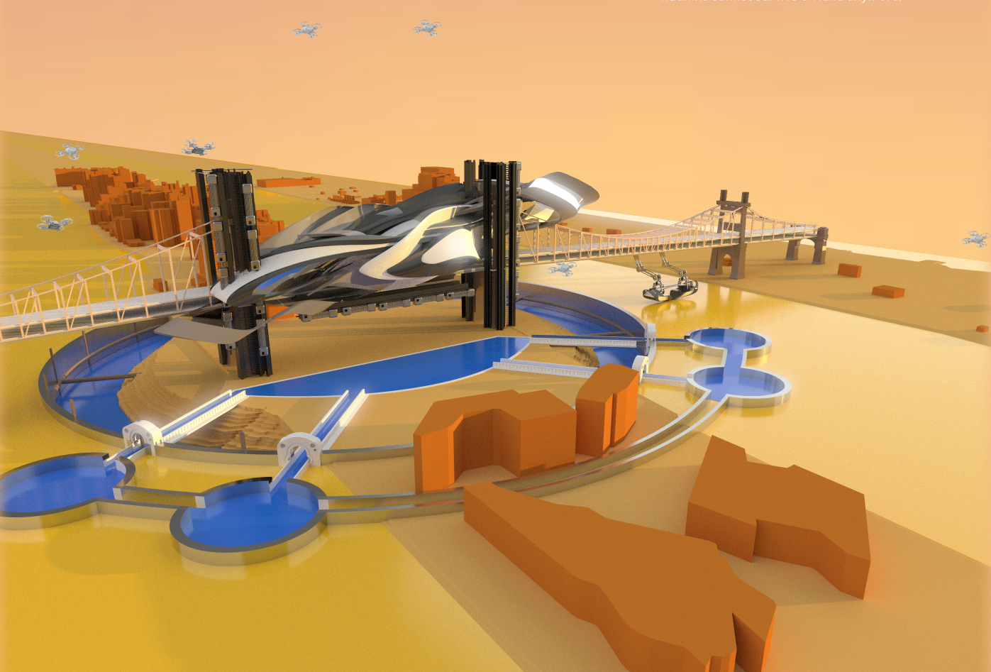 Aerial view of the self-sustaining bridge community suspended over a toxic landscape.