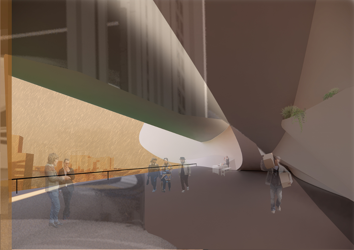 Interior rendering shows life below the protective shell with filtered light and activity.