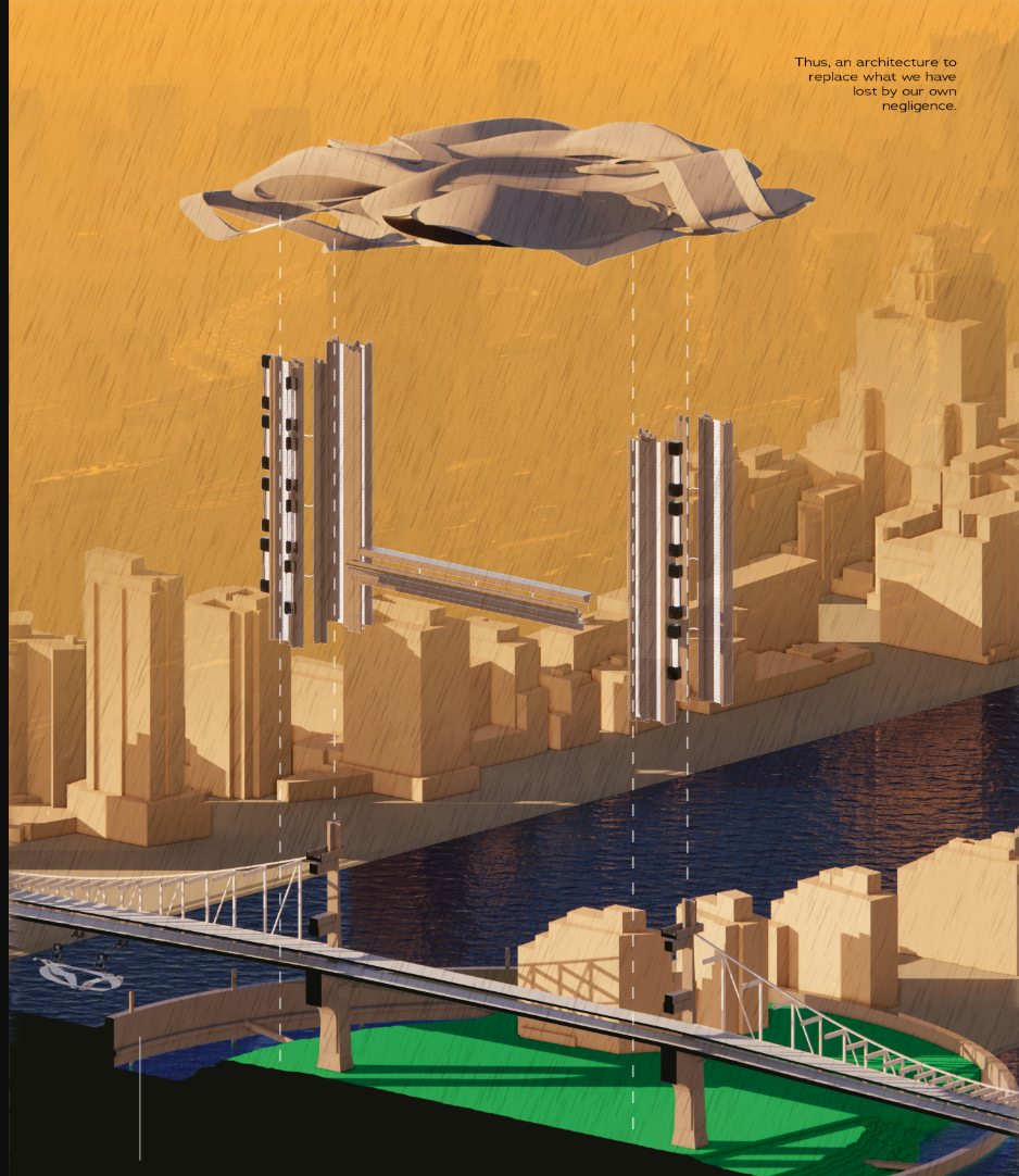 Hydroelectric architecture collects acid rain and powers the elevated community.