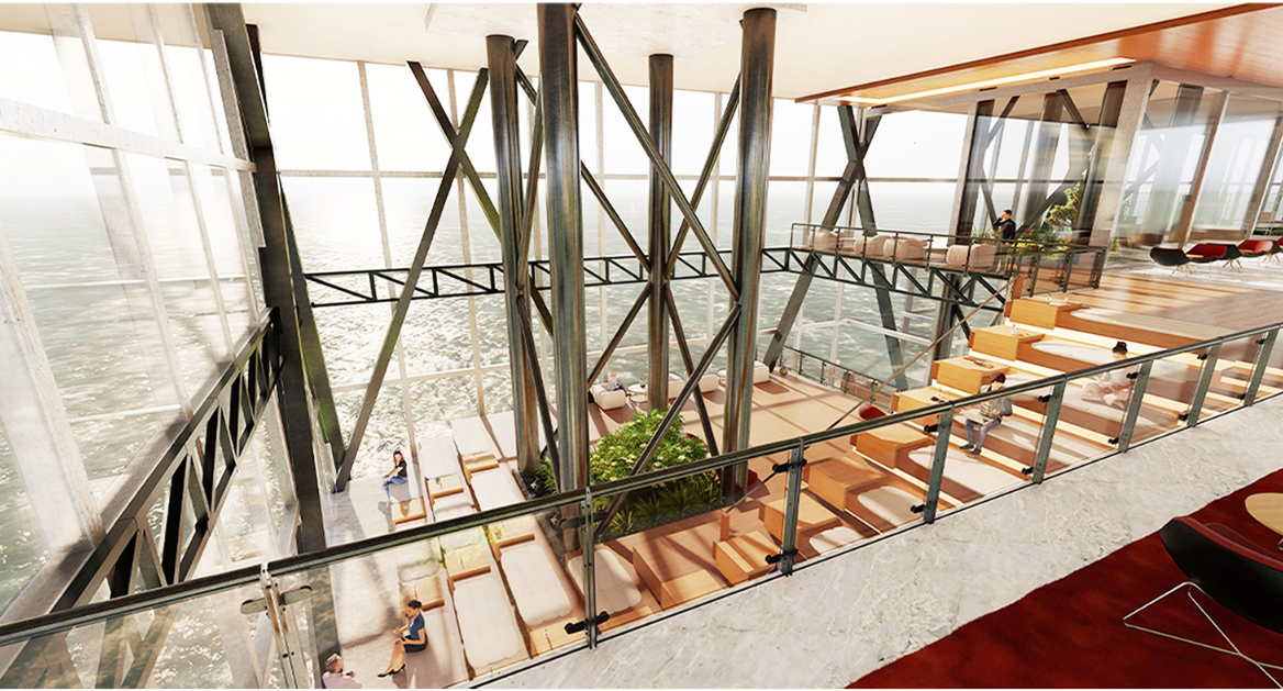 The tower’s interior blends structural transparency and daylight to foster public interaction above the sea.