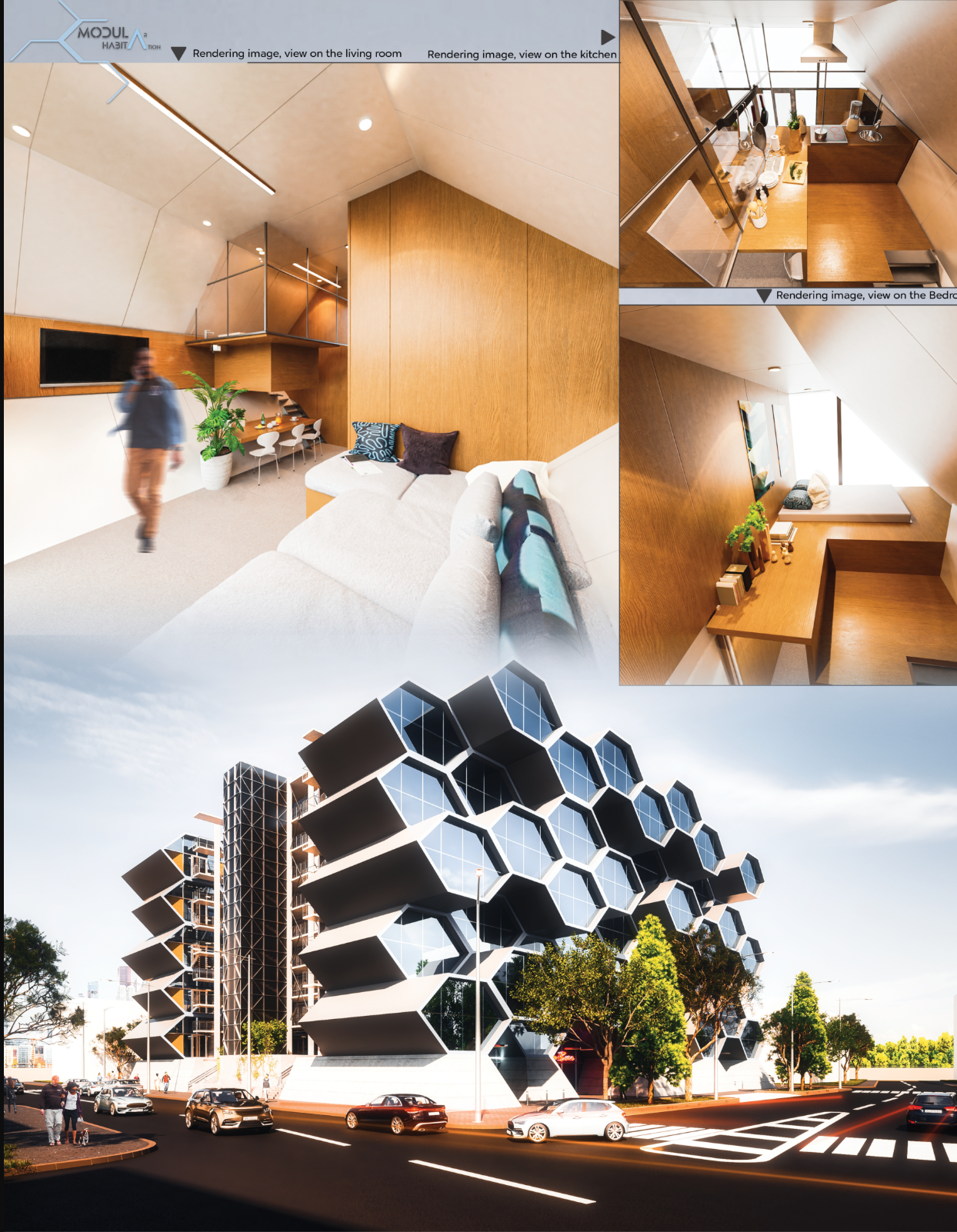 Cozy interiors with timber finishes paired with a vibrant street-level perspective of the facade.