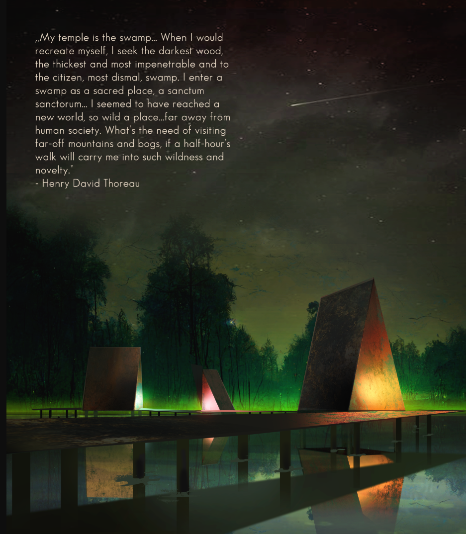 Triangular structures glow over still swamp waters, embodying folklore through light and silence.