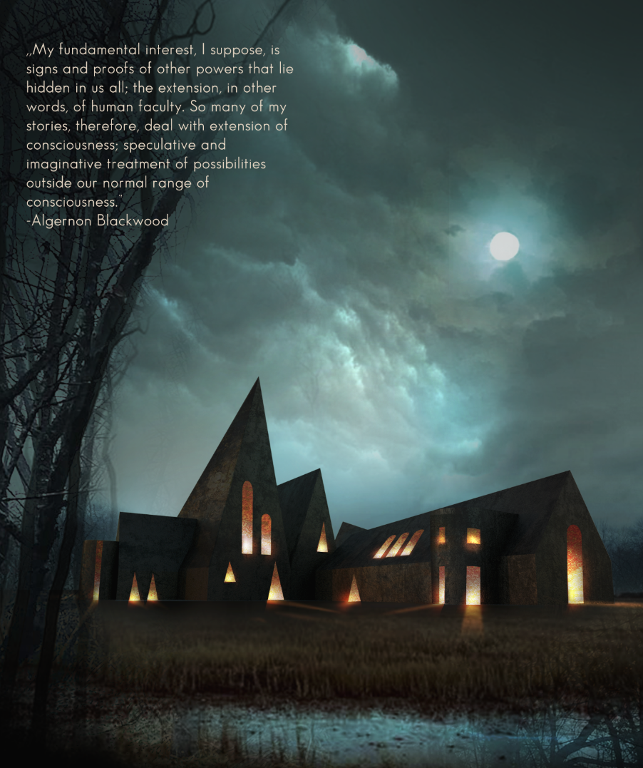 A haunting silhouette of the center glows beneath a stormy sky, merging myth and architecture.