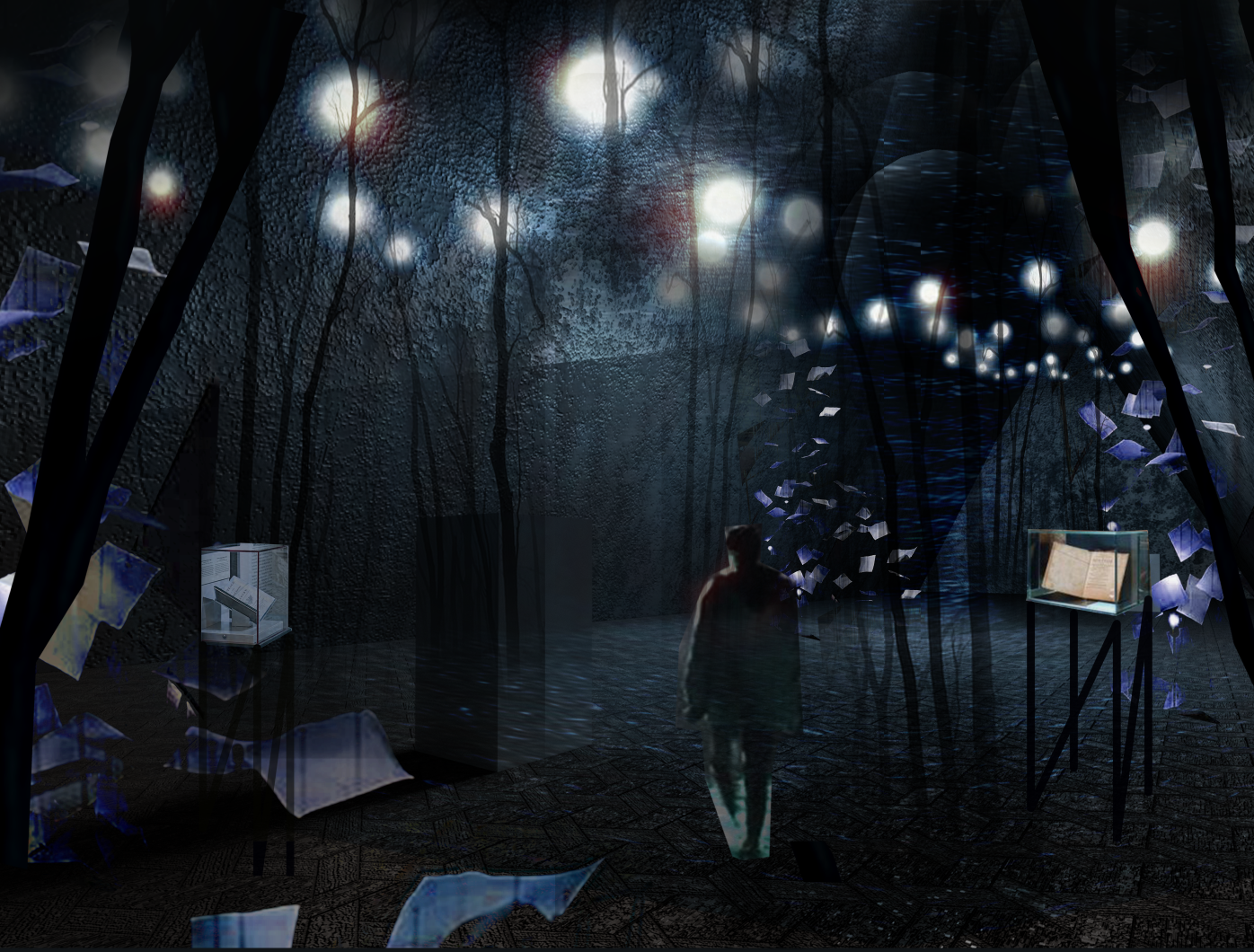 An immersive exhibit where books float like spirits and glowing lights mimic will-o’-the-wisps.