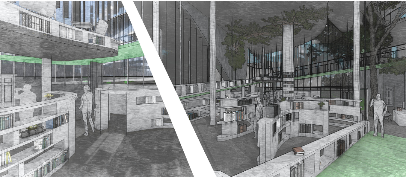 The ramp connects open library spaces with a view of indoor trees, enhancing the biophilic reading environment.