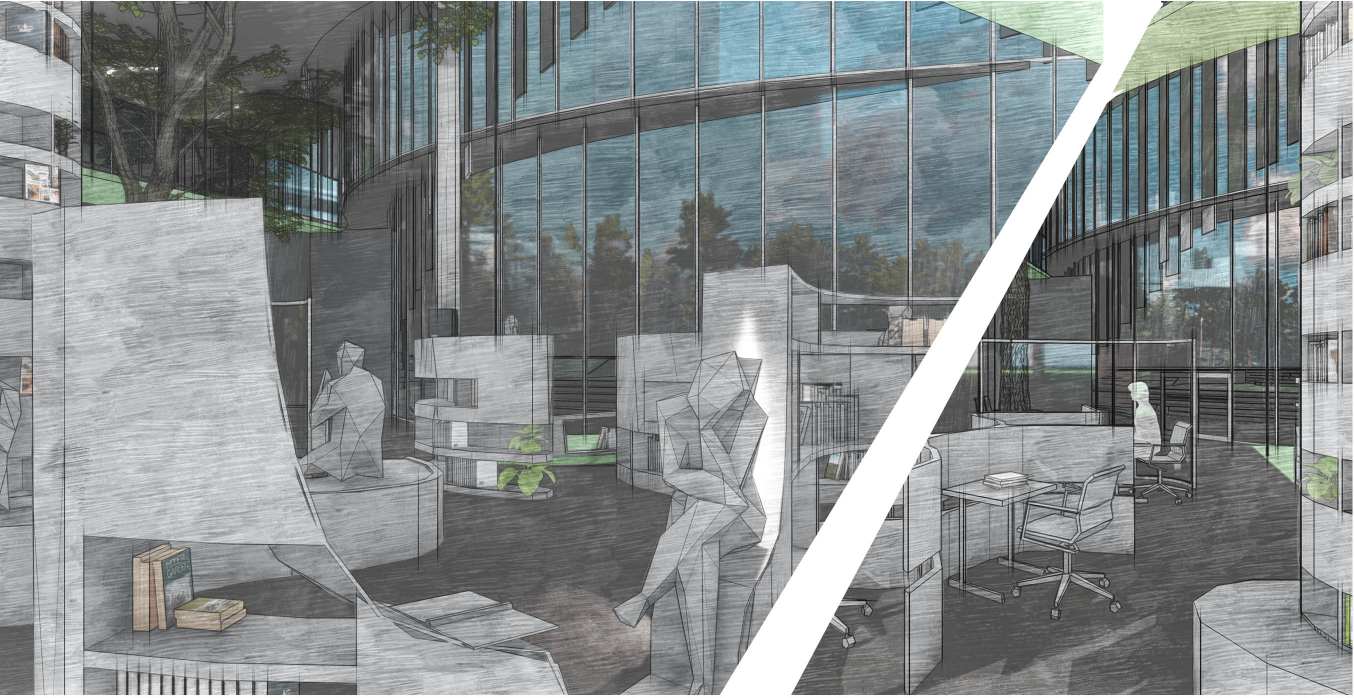 Sculptural seating and workstations coexist with natural elements, surrounded by floor-to-ceiling glazing.