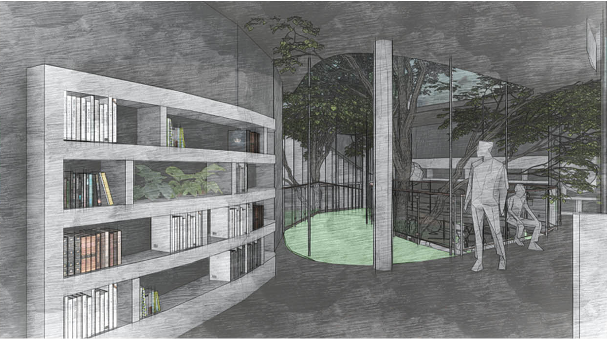 Shelving integrates greenery while the atrium ramp wraps around a central garden, visually linking spaces.