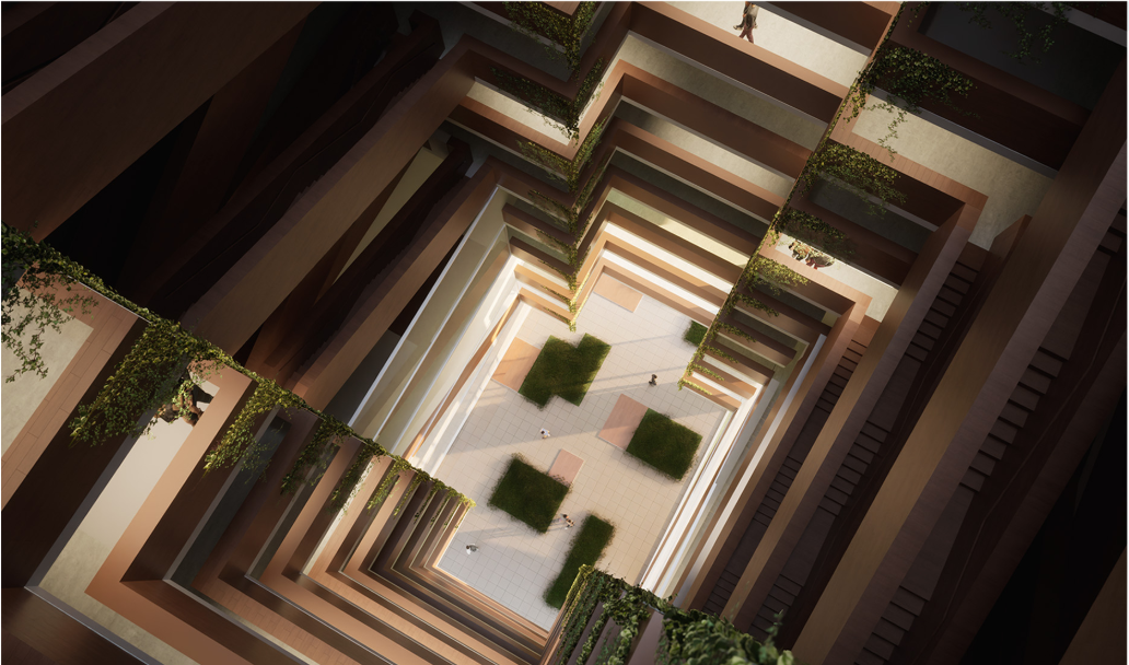 A sunlit central void enhances vertical transparency and natural light flow, creating a vibrant interior courtyard.