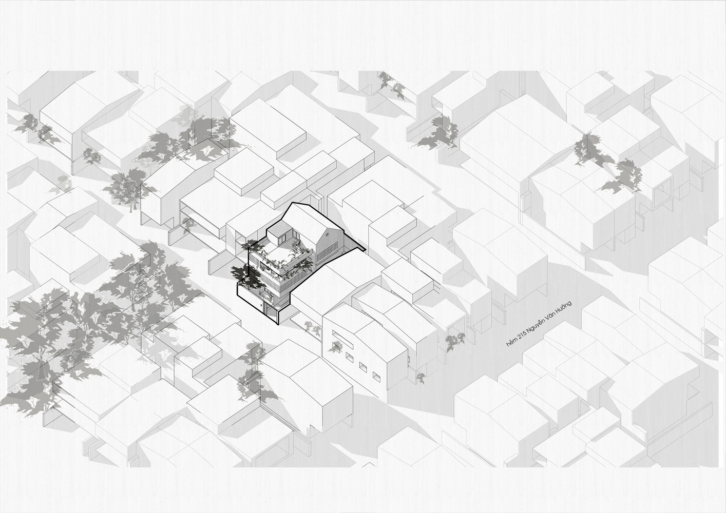 Axonometric drawing showing a residence with courtyard and planted terraces within a surrounding neighborhood context