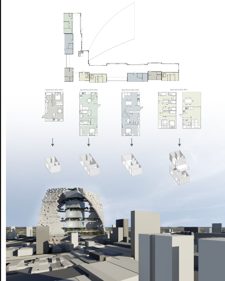 Floor plans and exploded axonometric illustrating flexible housing typologies.