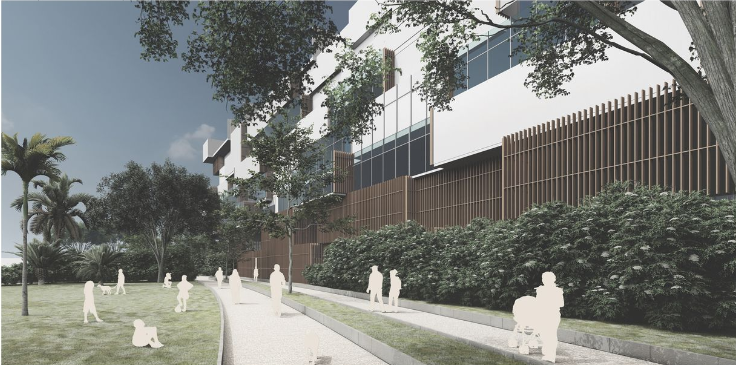 A public green space blending pedestrian pathways with shaded community zones.